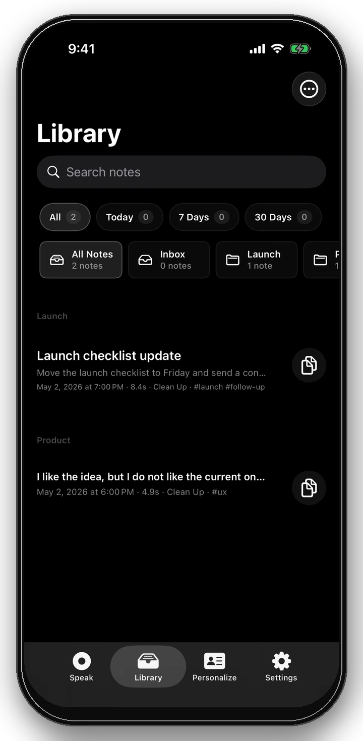Vyrra library with saved dictation notes